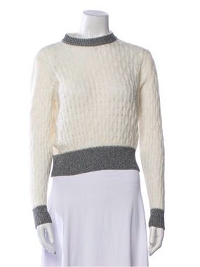 Pinko Cream Cable-Knit Crewneck Sweater with Gray Trim